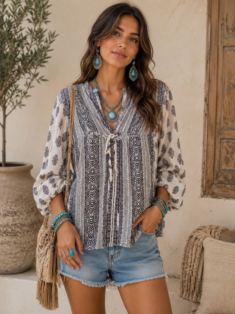 Angie White and Black Printed Tie-Front Boho Tunic